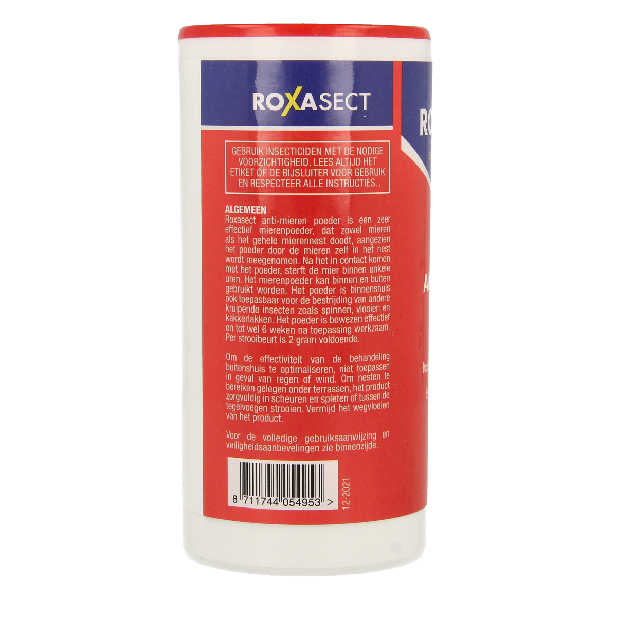 Roxasect anti-mierenpoeder pesticide container, 75g, with label showing product details and branding.