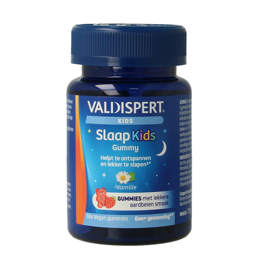 Valdispert Kids Sleep Gummies in a colorful bottle, herbal supplement for children's relaxation and sleep support.