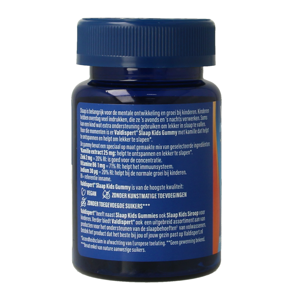 Valdispert Kids sleep gummies in a colorful container, featuring chewable herbal supplement for children's restful sleep.
