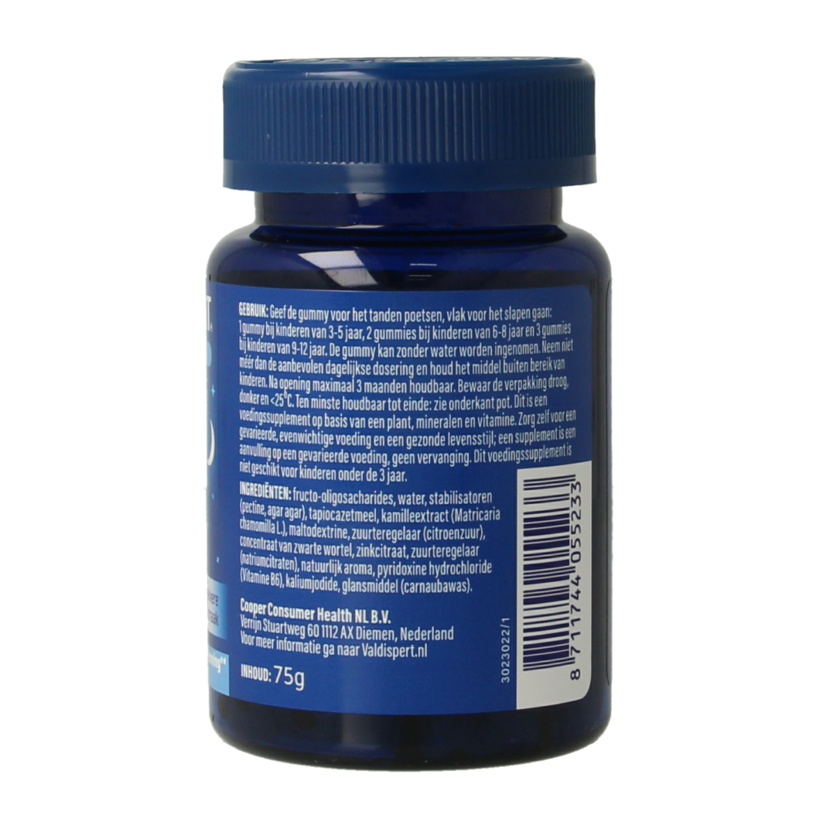 Valdispert Kids sleep gummies in a jar, herbal supplement for children's sleep, with colorful gummy candies in the image.