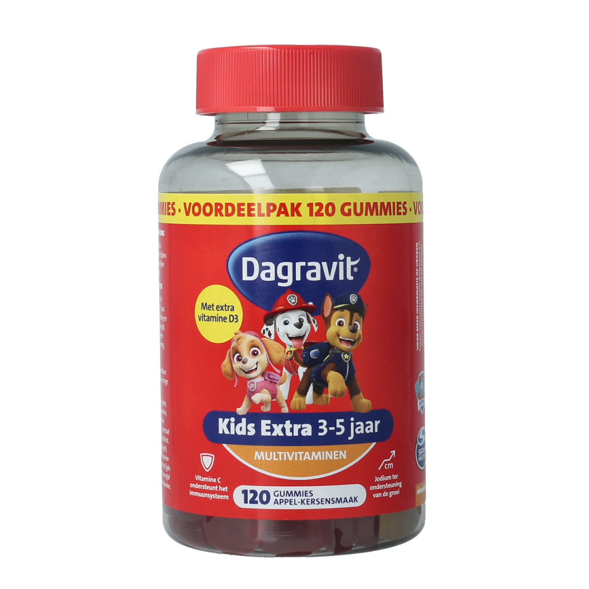 Dagravit Kids-xtra multivitamin gummies for ages 3-5, showing colorful fruit-flavored chewable vitamins in a clear container.