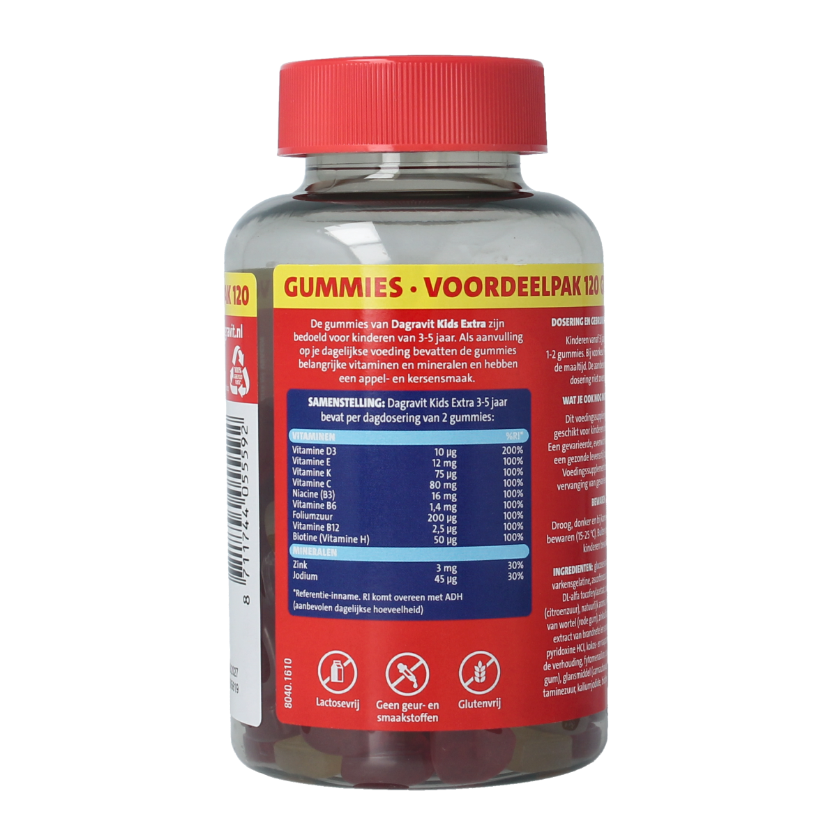 Dagravit Kids-xtra multivitamin gummies for children aged 3-5, featuring colorful gummy shapes in a bottle.