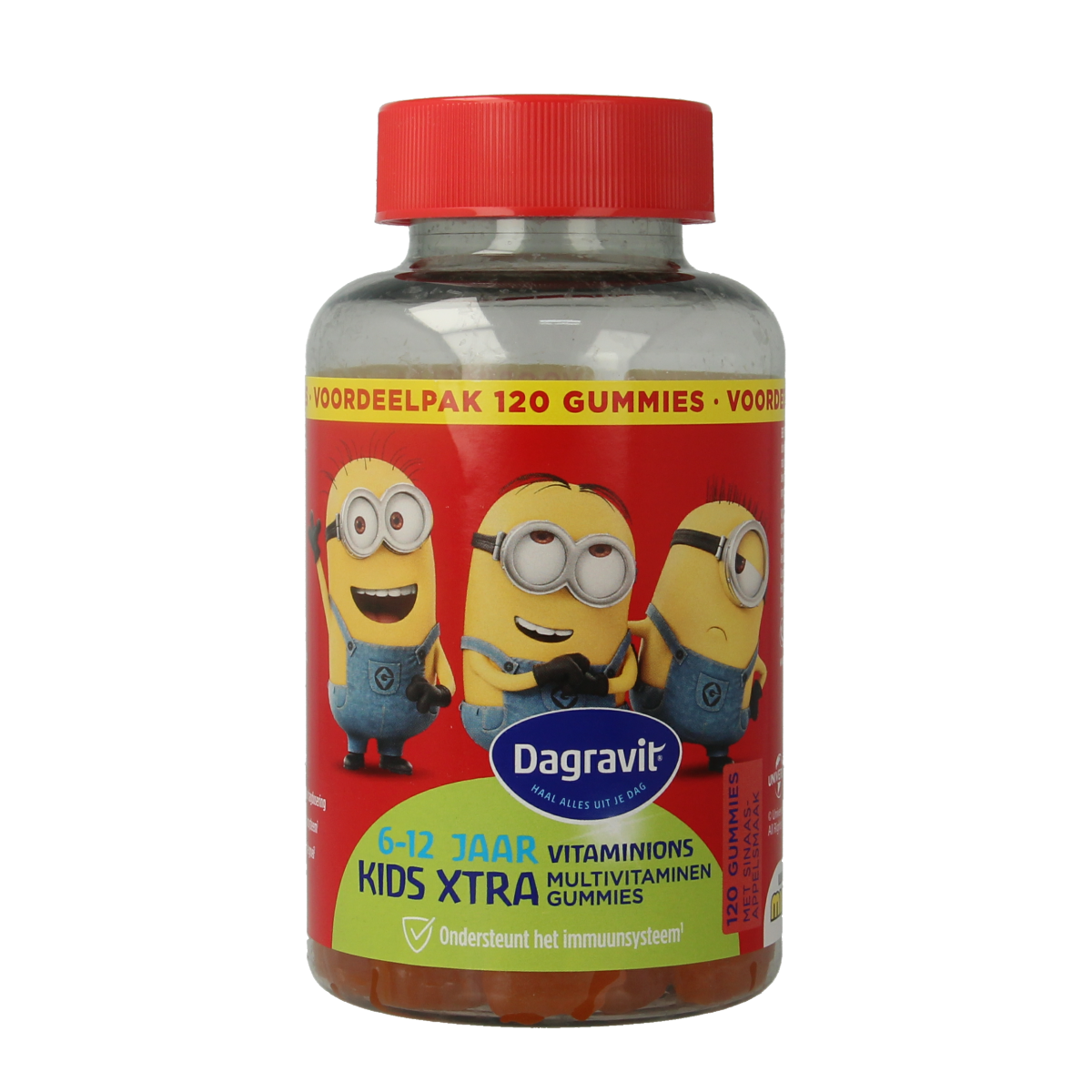 Dagravit Kids-xtra multi vitamins gummies for ages 6-12, colorful chewable supplement in a clear bottle.
