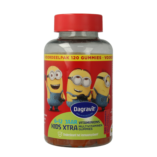 Dagravit Kids-xtra multi vitamins gummies for ages 6-12, colorful chewable supplement in a clear bottle.