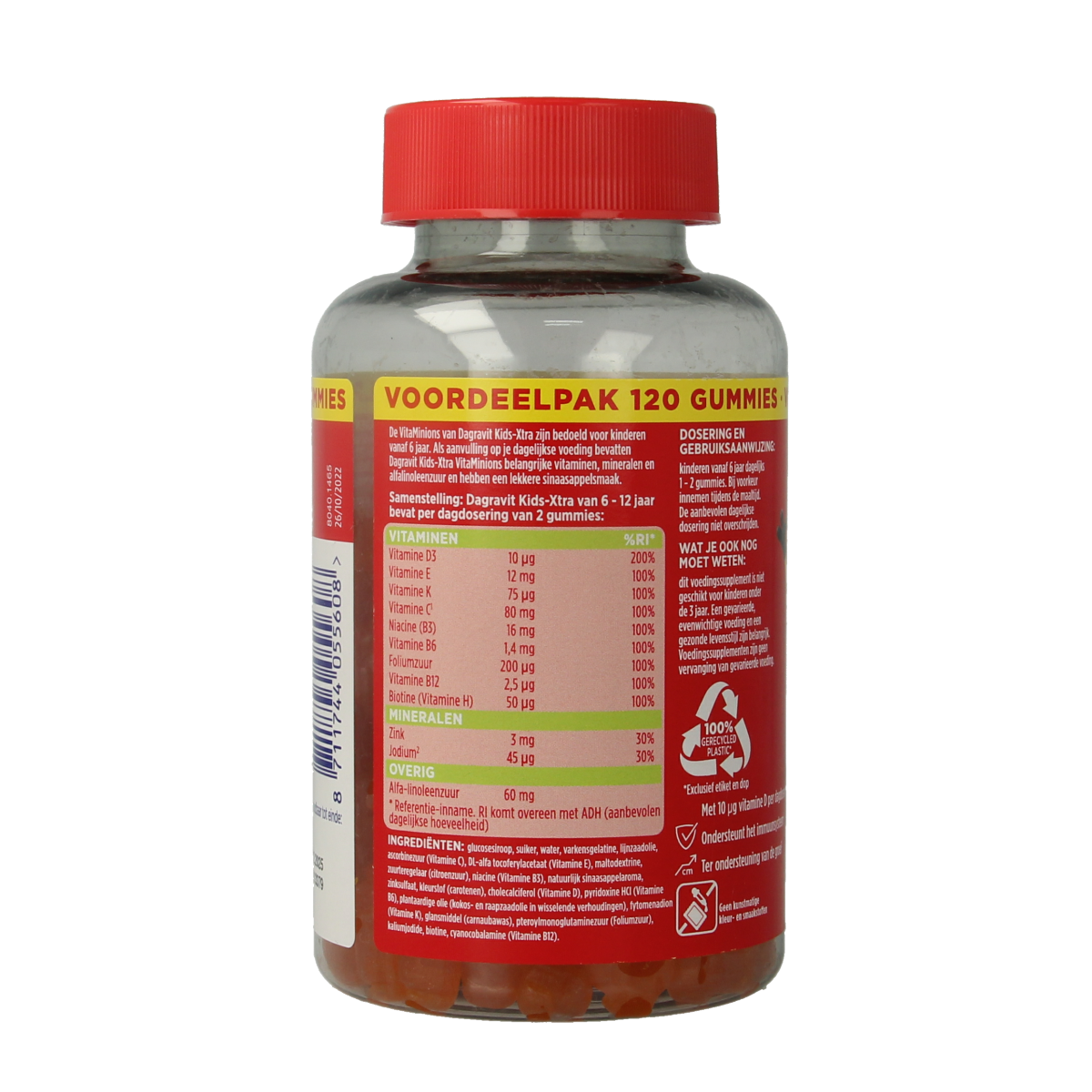 Dagravit Kids-xtra multivitamin gummies for children aged 6-12, featuring colorful gummy shapes in a bottle.