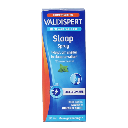 Valdispert Slaap spray herbal remedy bottle, 20ml, with herbal ingredients for sleep support, from the Valdispert brand.
