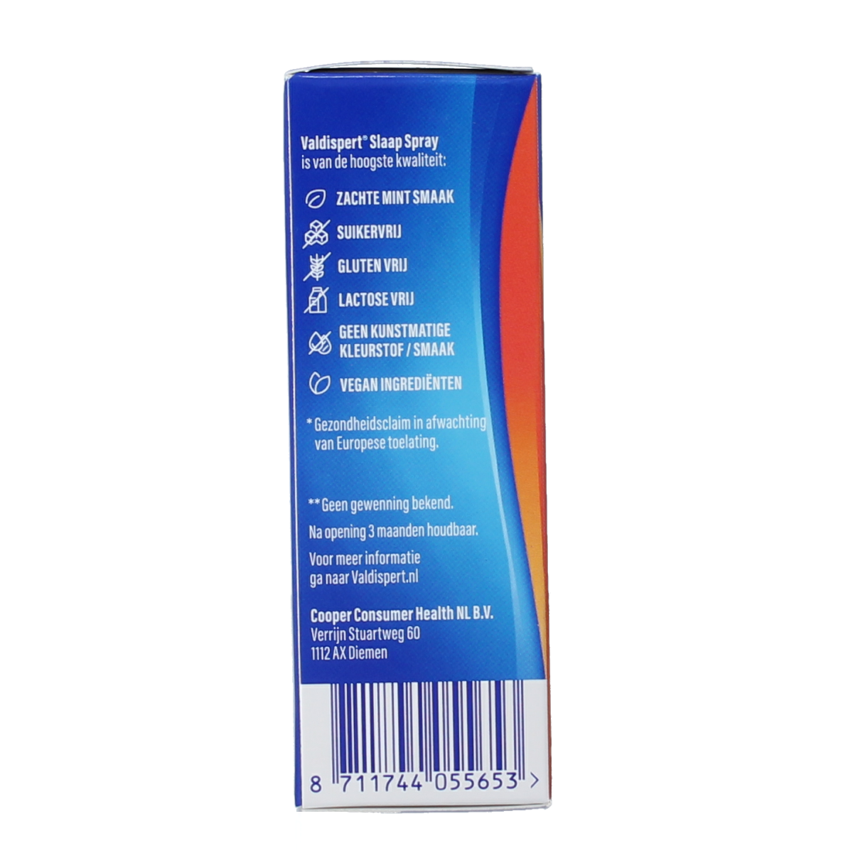 Valdispert Slaap spray herbal supplement bottle with spray nozzle, 20ml, in packaging showing herbal ingredients.