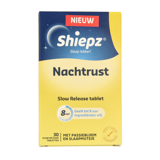 Shiepz Nachtrust 8 uur herbal supplement tablets in a blister pack, designed to promote restful sleep.