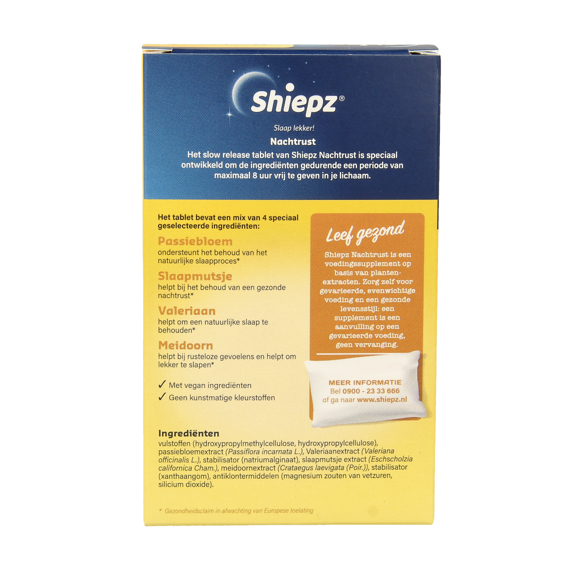 Shiepz Nachtrust 8 uur herbal supplement tablets in a blister pack, designed to promote restful sleep.