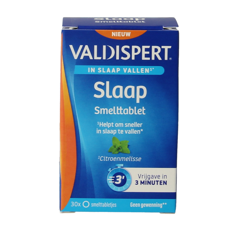 Valdispert Slaap smelttablet packaging showing 30 herbal dissolvable tablets for sleep support.
