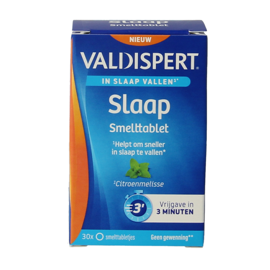 Valdispert Slaap smelttablet packaging showing 30 herbal dissolvable tablets for sleep support.