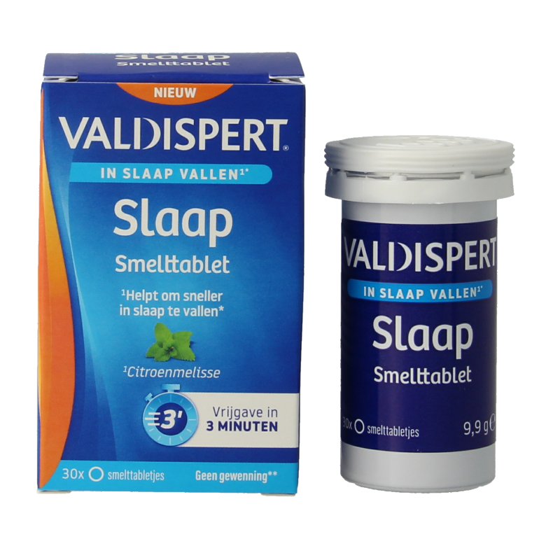Valdispert Slaap smelttablet herbal supplement, 30 melt-in-your-mouth tablets for sleep support, shown in the image.