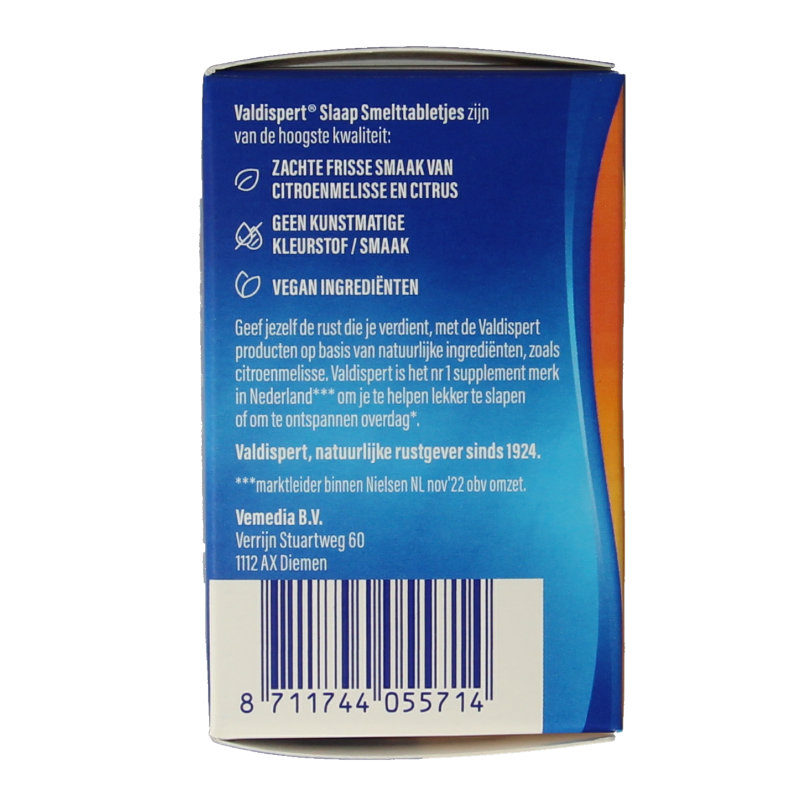 Valdispert Slaap smelttablet package with 30 herbal sleep tablets, natural herbal preparation for restful sleep.