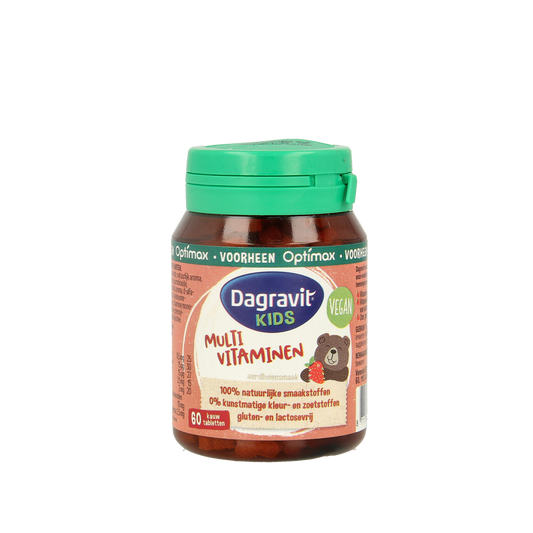 Dagravit Natural kids aardbei multivitamin tablets, strawberry-flavored vitamin supplement for children, 60 tablets.