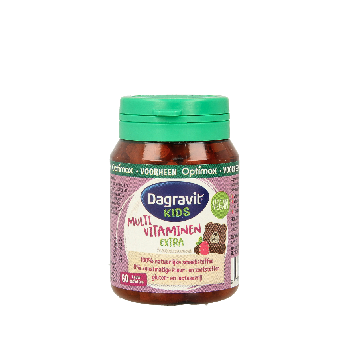 Dagravit Natural Kids Framboos multivitamin tablets for children, featuring raspberry flavor, in a blister pack.