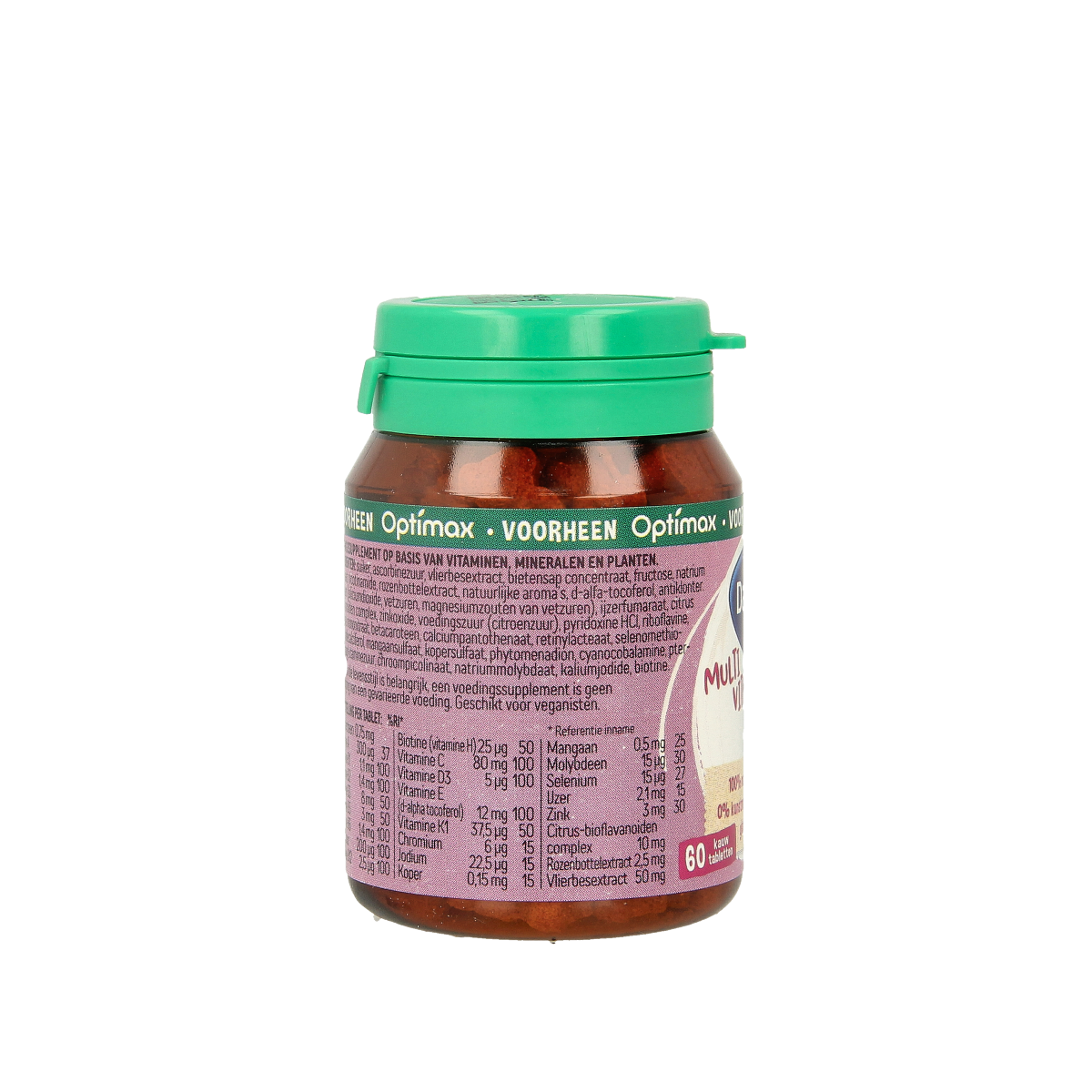 Dagravit Natural kids framboos multivitamin tablets with raspberry flavor, showing a close-up of the colorful supplement packaging.