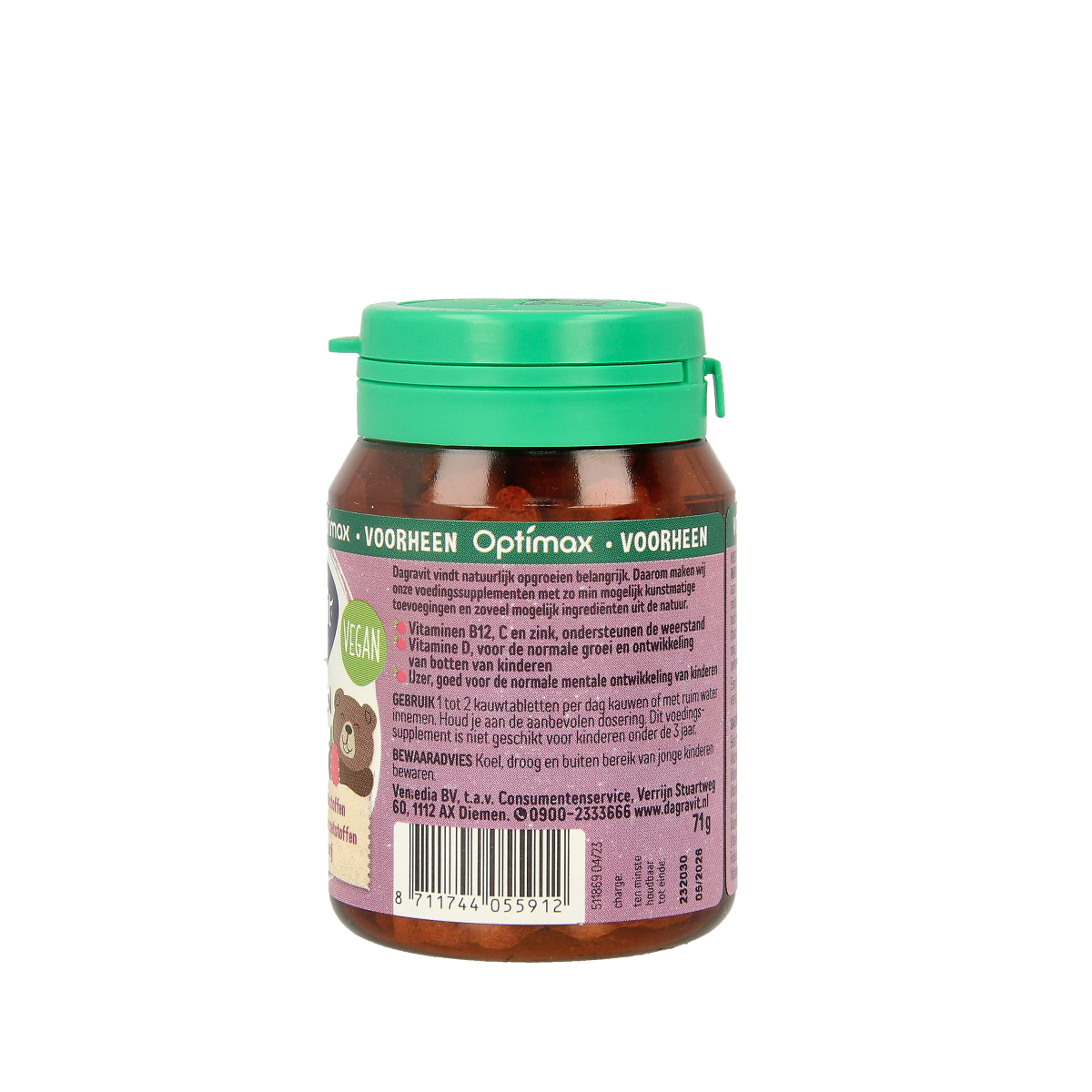 Dagravit Natural kids Framboos multivitamin tablets with raspberry flavor, suitable for children, shown in blister pack.