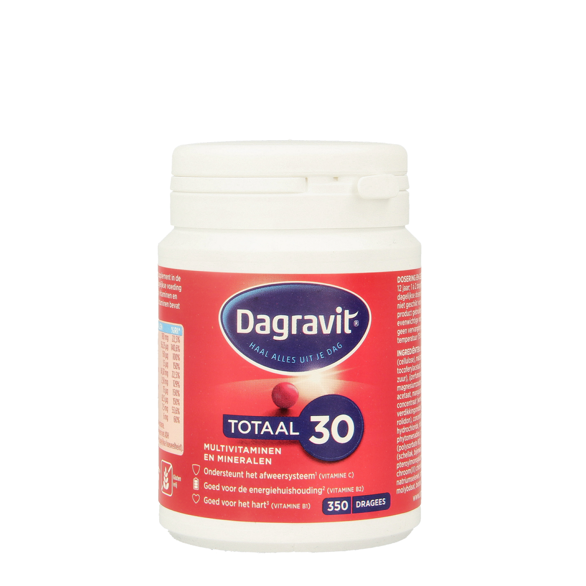 Dagravit Totaal 30 multi-vitamin dragees in a clear container, showing colorful coated tablets for daily health support.