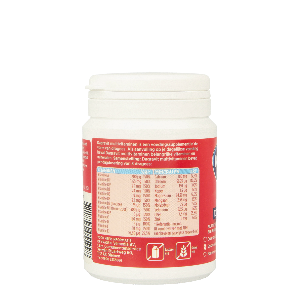 Dagravit Totaal 30 multivitamin dragees in a white bottle, showing the product label and packaging.