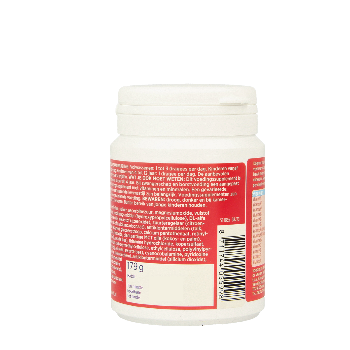 Dagravit Totaal 30 multivitamin dragees in a clear container, showing colorful capsules for daily nutritional support