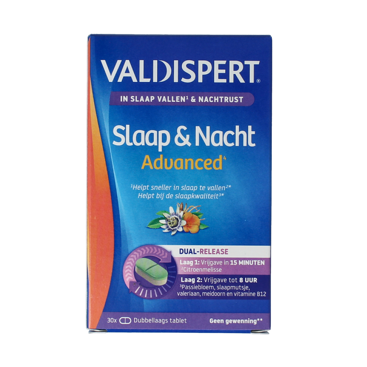 Valdispert Slaap & Nacht Advanced herbal supplement tablets in a clear bottle with 30 tablets, designed for sleep support.
