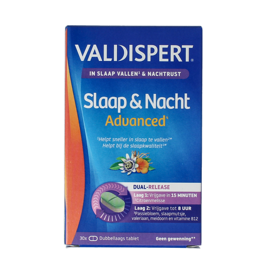 Valdispert Slaap & Nacht Advanced herbal supplement tablets in a clear bottle with 30 tablets, designed for sleep support.