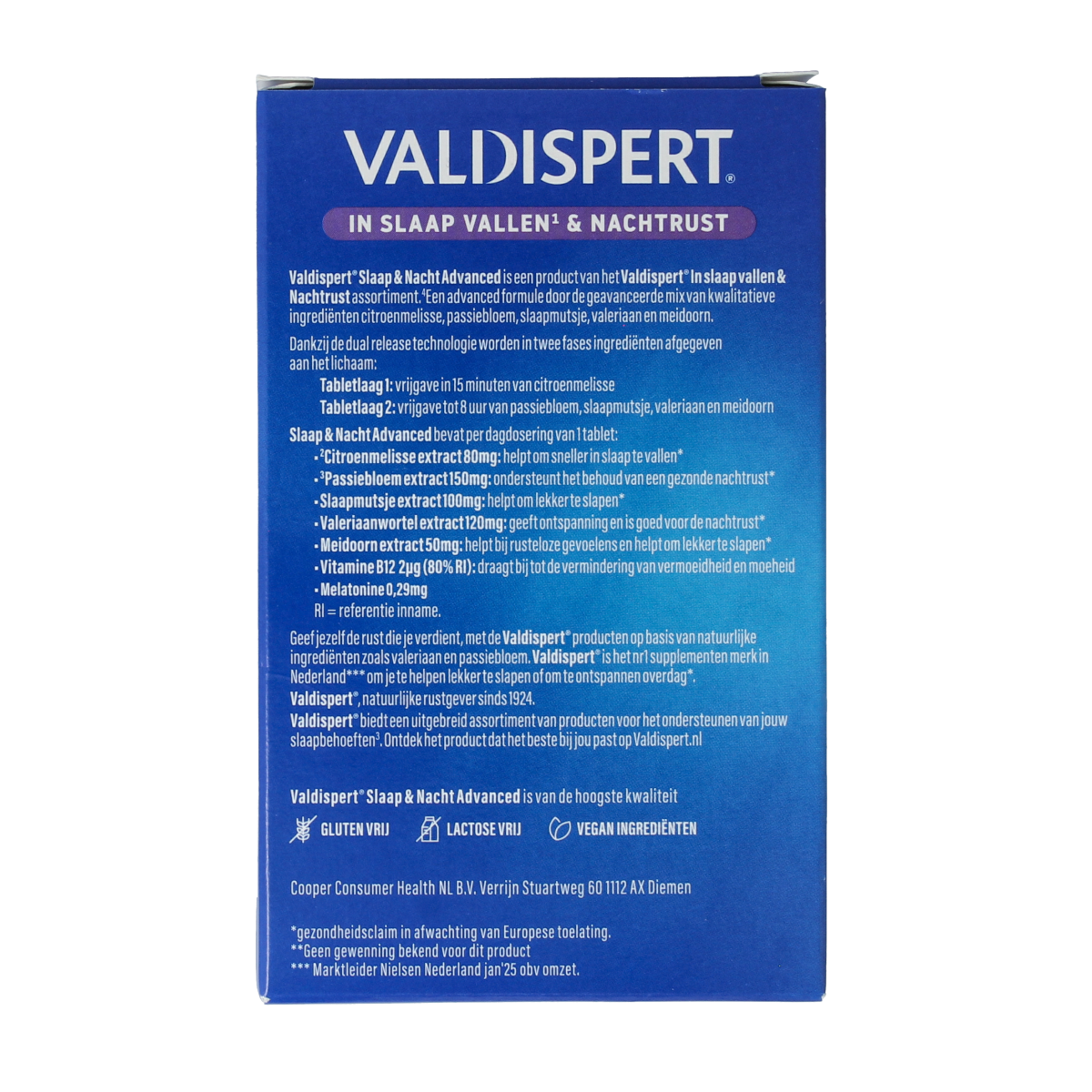 Valdispert Slaap & Nacht Advanced herbal tablets in a blister pack, natural sleep aid supplement from Valdispert.