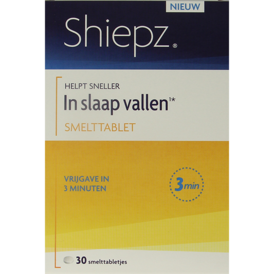Shiepz Sneller in slaap kruidenpreparaten box with 30 tablets, natural sleep aid supplement from Shiepz with herbal ingredients