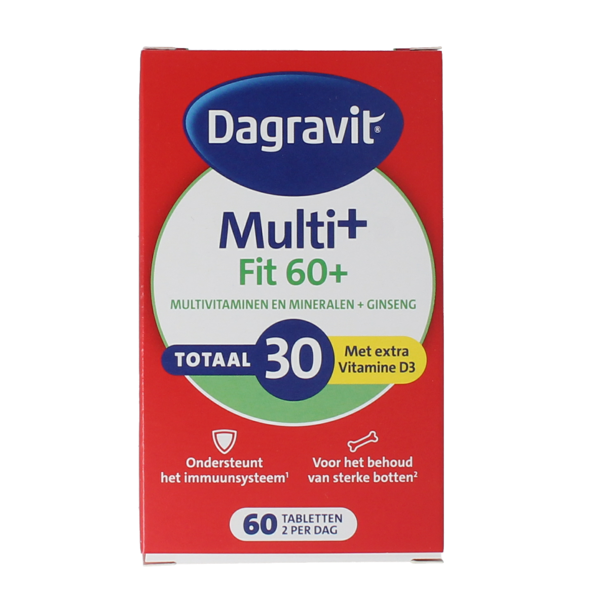 Dagravit Totaal 30 vitaal multivitamin tablets for ages 60+ in a blister pack, featuring various colorful tablets.