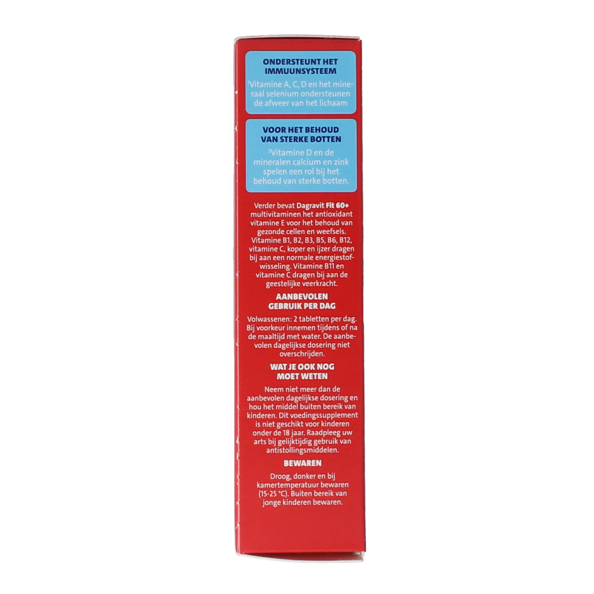 Dagravit Totaal 30 vitaal multivitamin tablets for 60+ adults, featuring colorful tablets in a clear container.