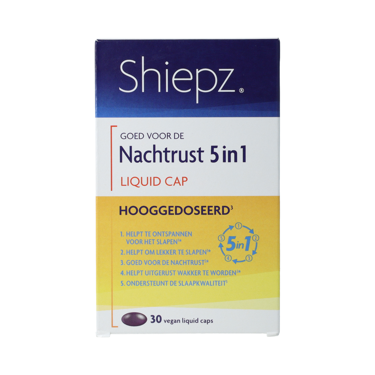 Shiepz Nachtrust 5in1 Hooggedoseerd Licaps herbal supplement capsules in a clear container, designed for nighttime use.