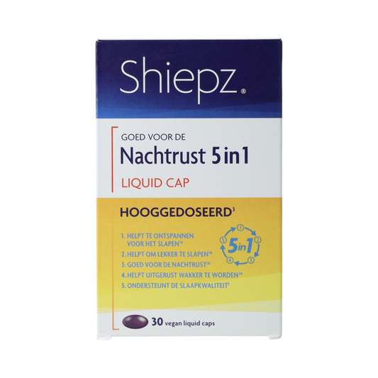 Shiepz Nachtrust 5in1 Hooggedoseerd Licaps herbal supplement capsules in a clear container, designed for nighttime use.