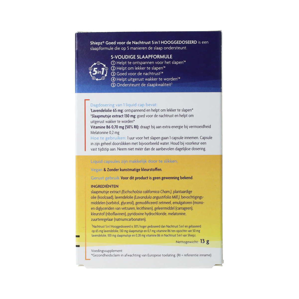 Shiepz Nachtrust 5-in-1 hooggedoseerd kruidensupplement in 30 Licaps, natural herbal supplement for relaxation.