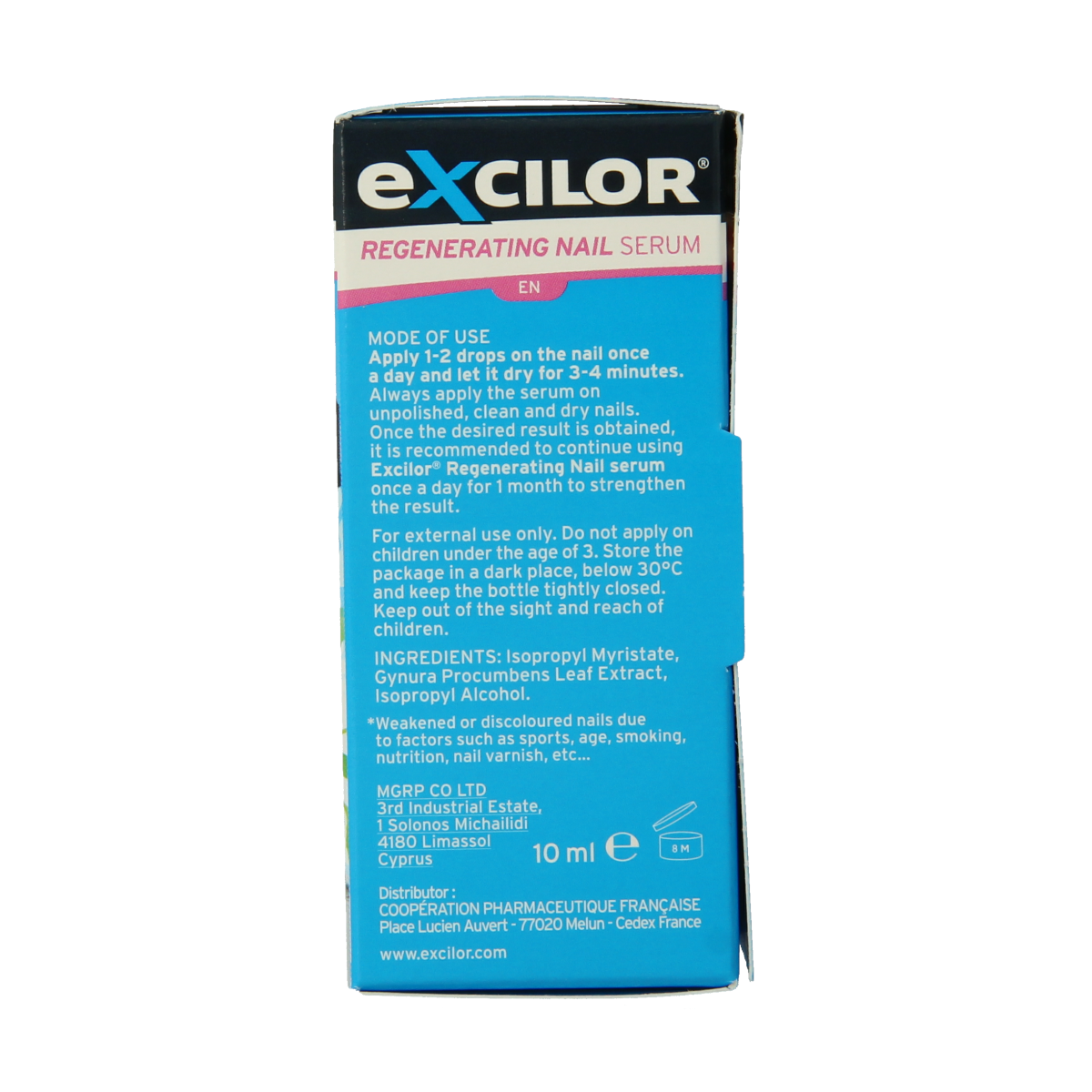 Excilor regenerating serum in a 10ml bottle, a body care product for skin regeneration and nourishment.