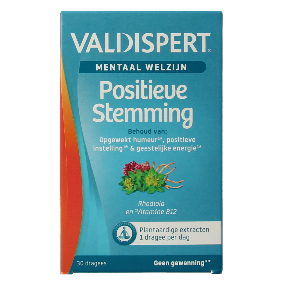 Valdispert Positieve stemming herbal supplement dragees in a clear container, showing 30 herbal remedy tablets.