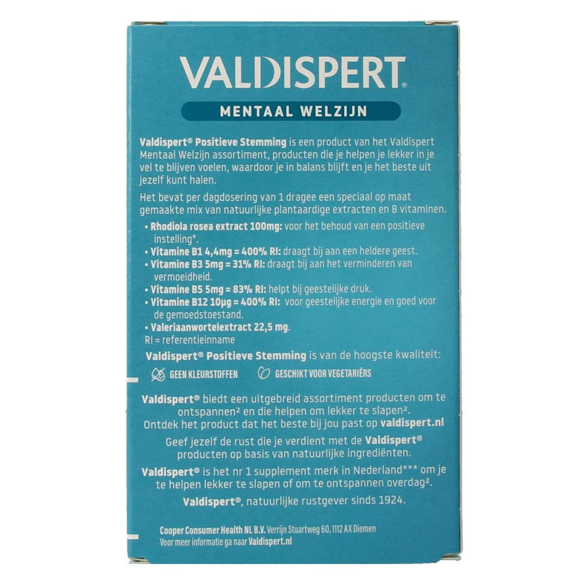 Valdispert Kruidenpreparaten Positieve Stemming dragees, 30 count, featuring herbal supplement packaging with green and white design.