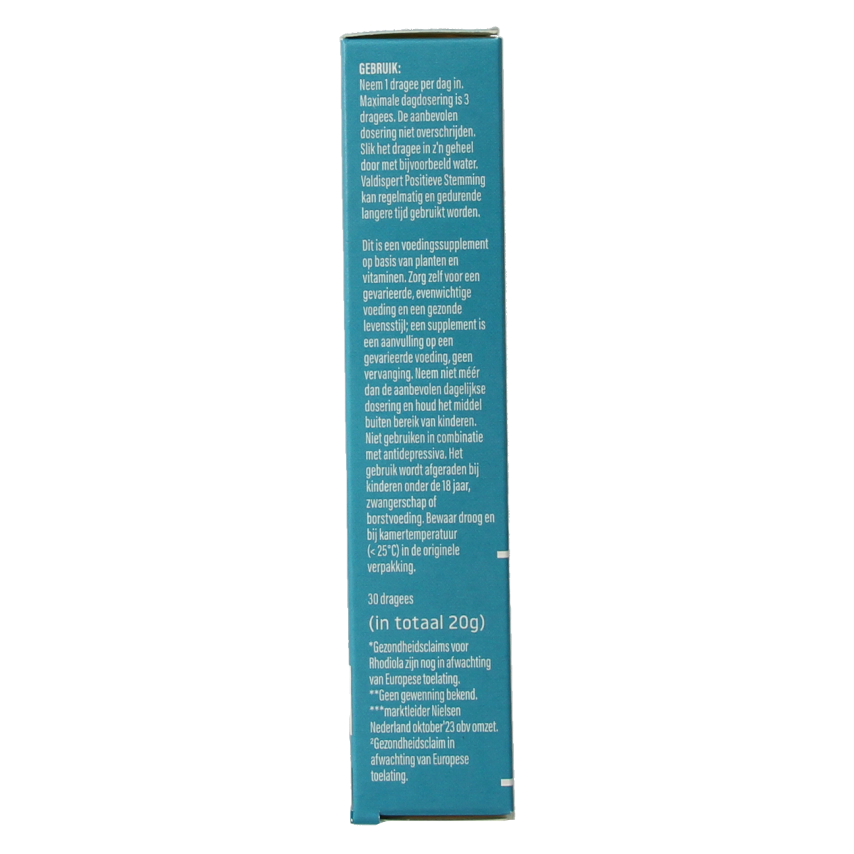 Valdispert Positieve Stemming herbal supplement dragees in a clear container, with 30 herbal remedy tablets shown.