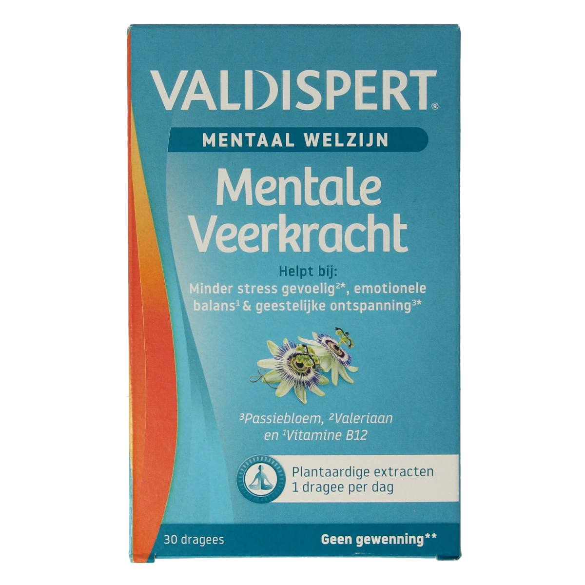 Valdispert Mentale veerkracht herbal tablets in a clear container, showing 30 tablets of the Valdispert herbal supplement.