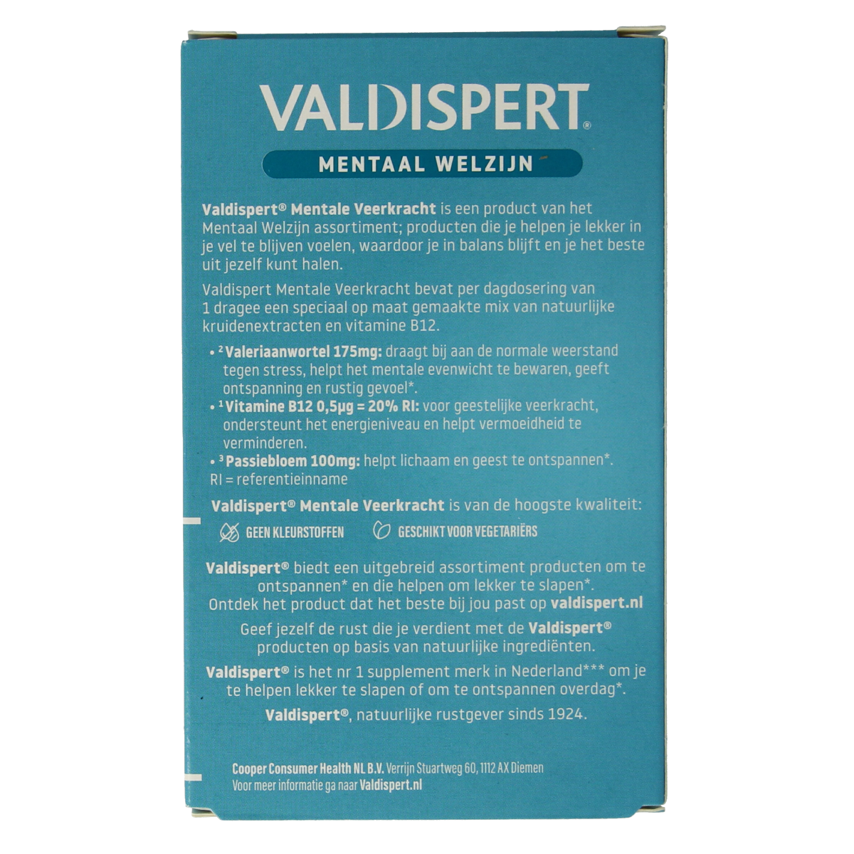 Valdispert Mentale veerkracht herbal supplement box with 30 tablets, featuring natural herbal ingredients for mental resilience