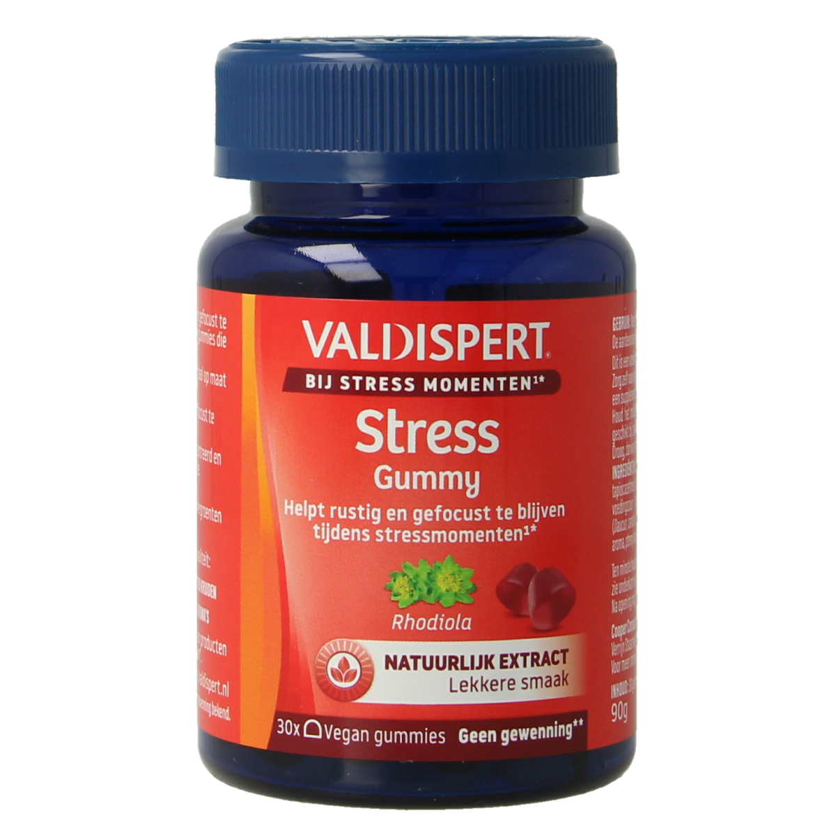 Valdispert Stress herbal supplement gummies in a clear container with 30 gummies, featuring natural ingredient labels.