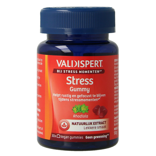 Valdispert Stress herbal supplement gummies in a clear container with 30 gummies, featuring natural ingredient labels.