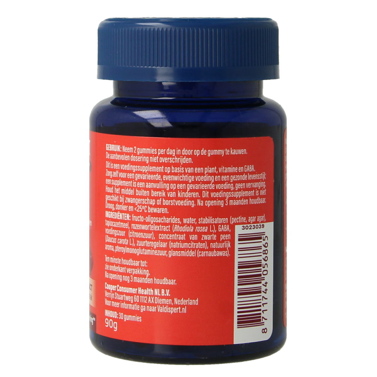 Valdispert Stress herbal gummies in a clear container, showing 30 Valdispert Kruidenpreparaten stress relief gummies.