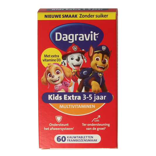 Dagravit Kids Extra 3-5 years multivitamin chewable tablets for children, featuring colorful packaging and tablets.
