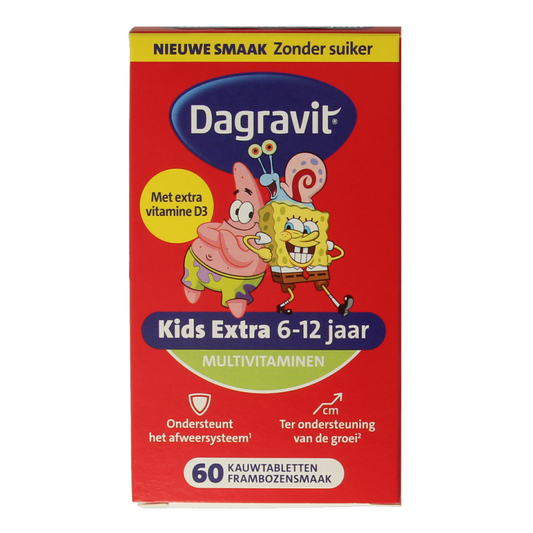 Dagravit Kids extra 6-12 years multivitamin chewable tablets in a colorful container for children aged 6 to 12.
