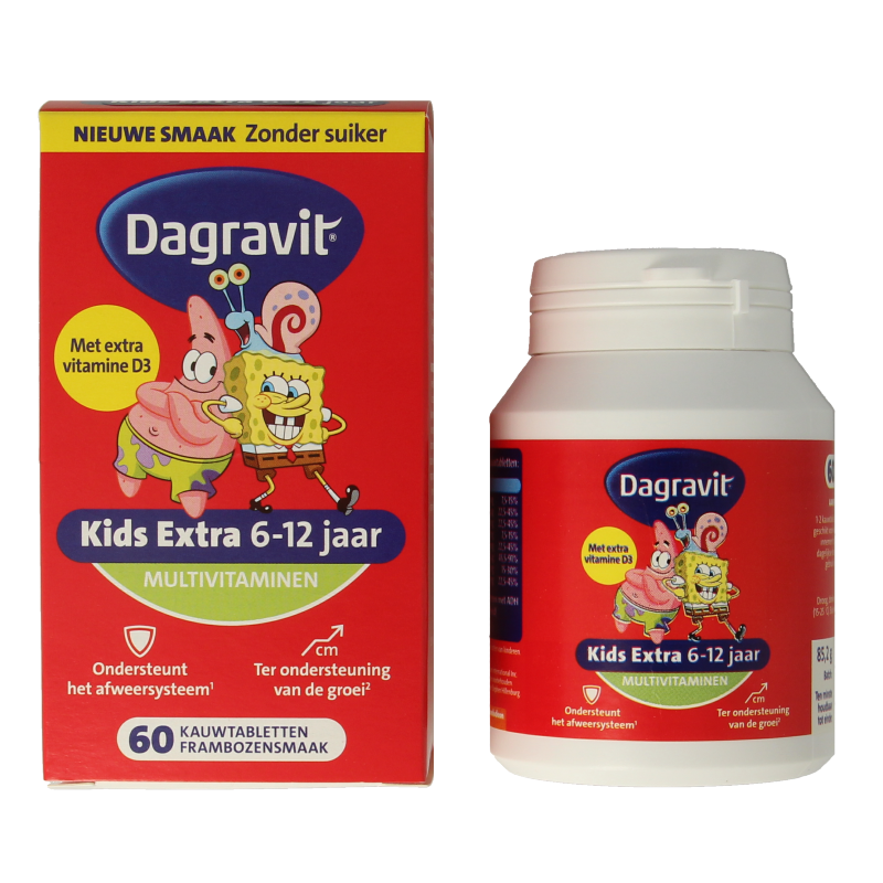 Dagravit Kids multivitamin chewables for ages 6-12, orange-flavored dietary supplement in a colorful bottle.