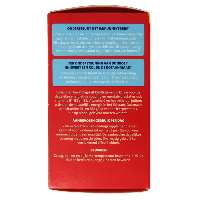 Dagravit Kids extra multivitamin chewable tablets for children aged 6-12 years, shown in colorful packaging.