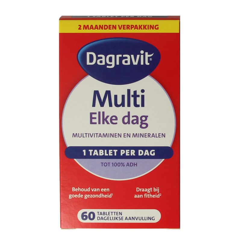 Dagravit Multi Elke Dag 100% multivitamin tablets in a blister pack, dietary supplement for daily health support.