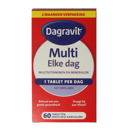 Dagravit Multi Elke Dag 100% multivitamin tablets in a blister pack, dietary supplement for daily health support.