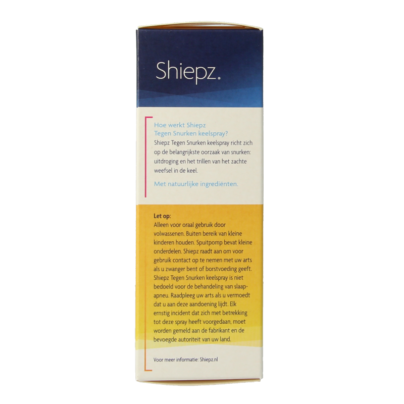 Shiepz Keelspray tegen snurken in 23.5 ml herbal spray bottle, featuring natural herbal ingredients for snoring relief.