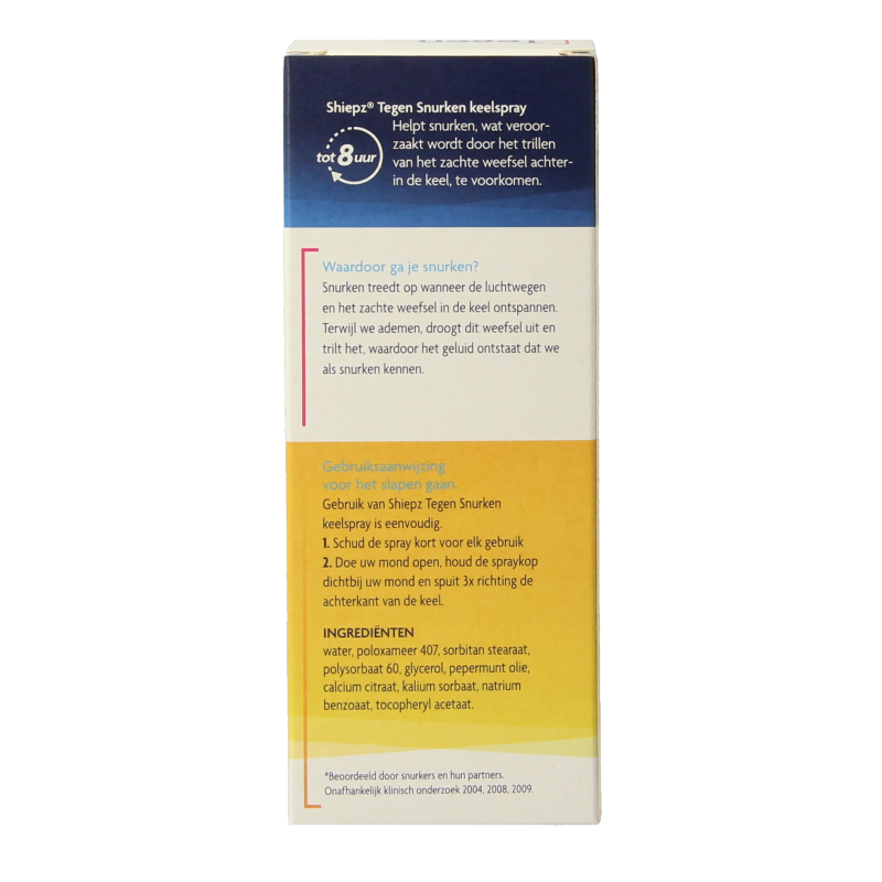 Shiepz Keelspray tegen snurken in 23.5 ml herbal spray bottle, shown with herbal ingredients and spray nozzle.